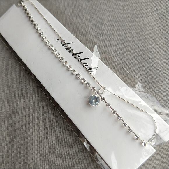 Double Chain Silver Rhinestone Anklet 10" new old stock fashion jewelry minimal - Picture 4 of 6